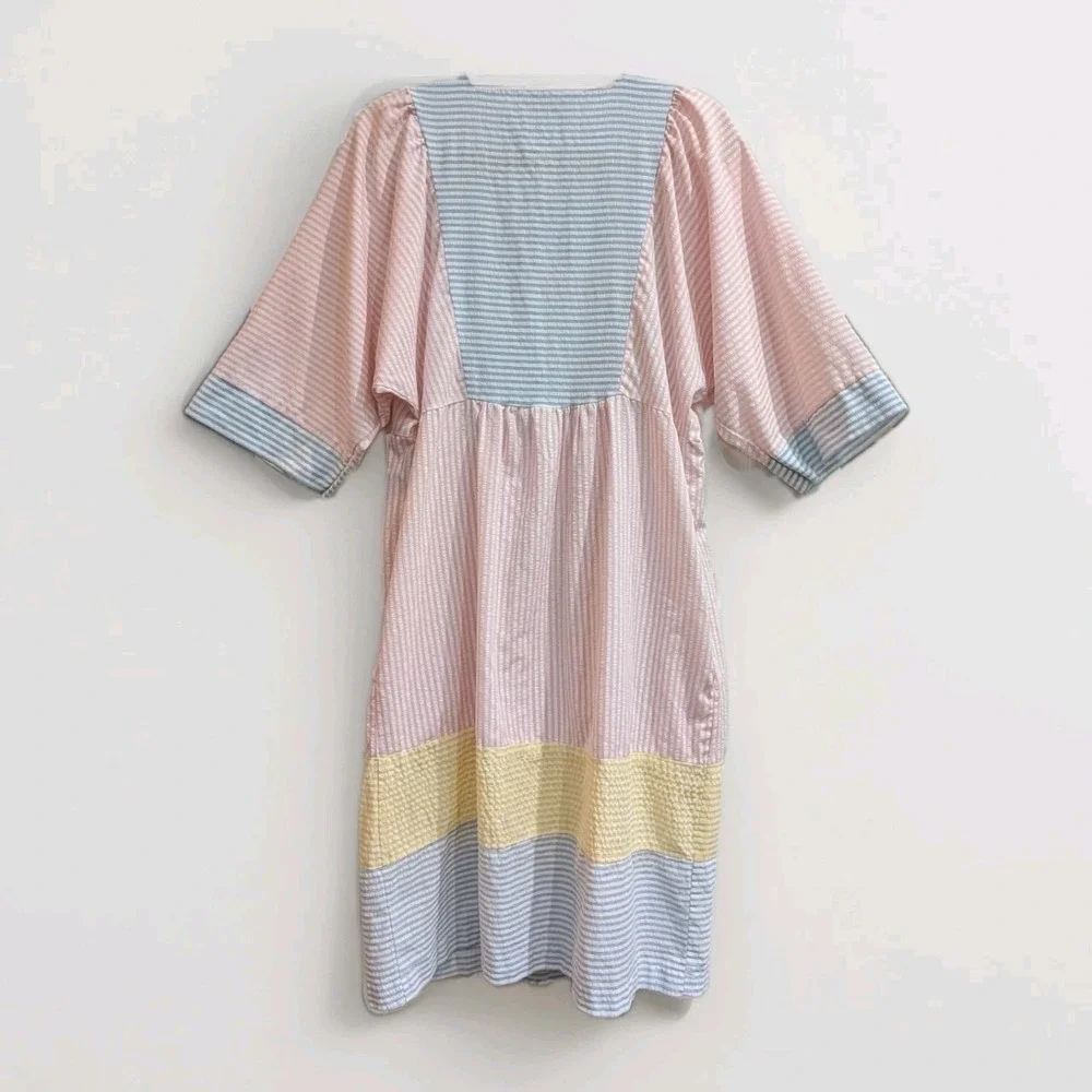 Vandemere Vtg 80s Seersucker Colorblock Pastel House Dress M Grannycore Kaftan